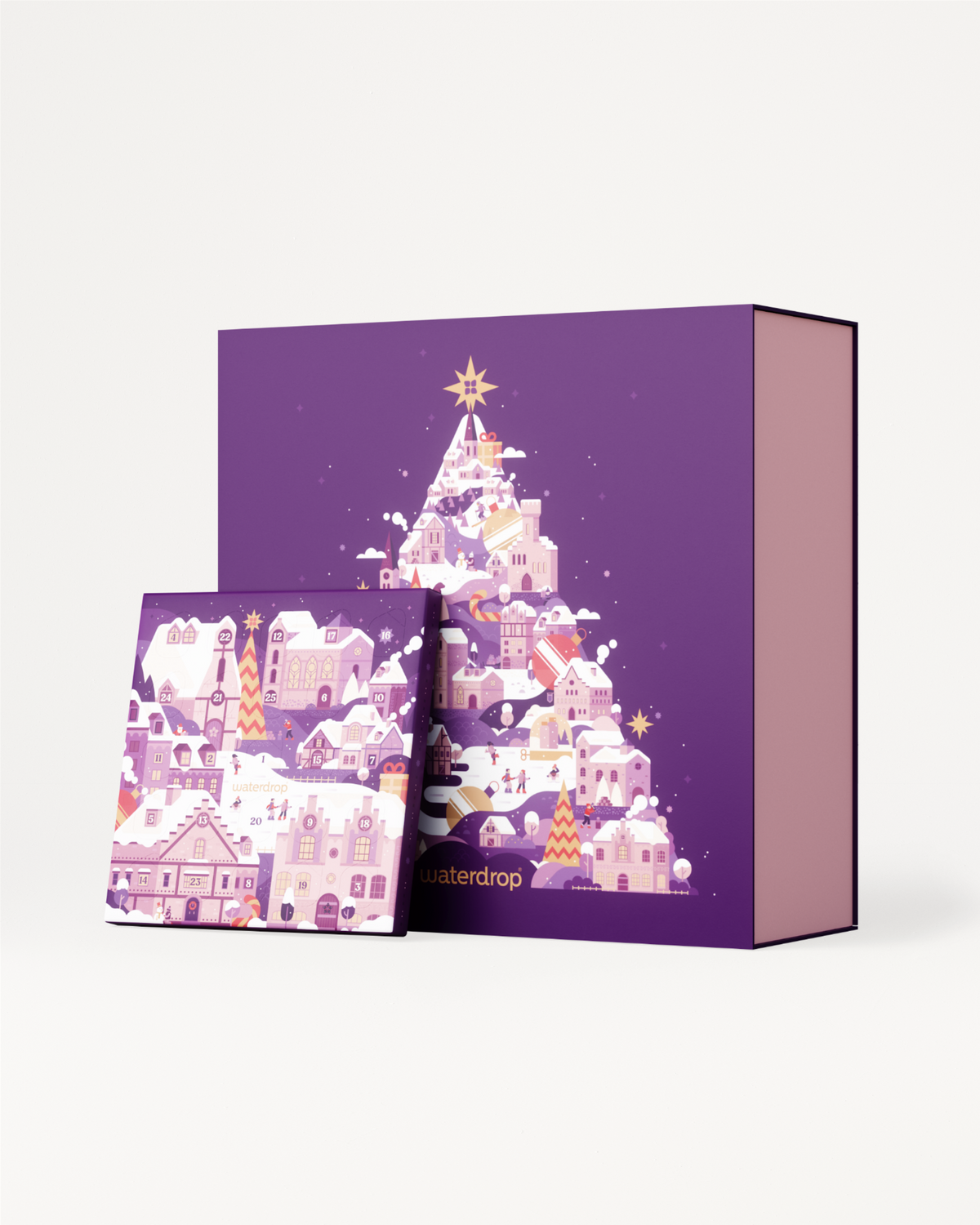 Advent Calendar Set featuring a Christmas tree design, includes Limited Edition accessories and drinkware. Discover fruity flavors behind 25 doors for a hydrated festive season.